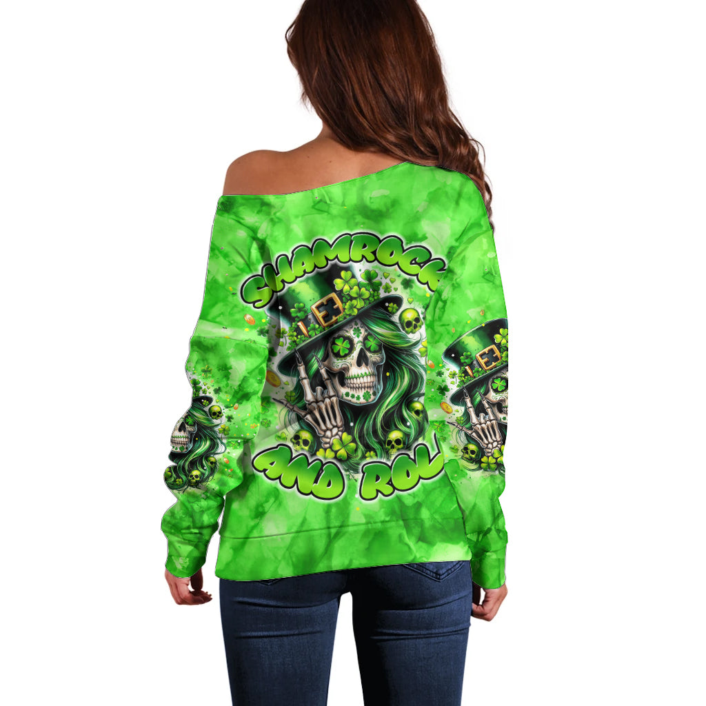 Irish Skull Off Shoulder Sweater Shamrock And Roll - Wonder Print Shop