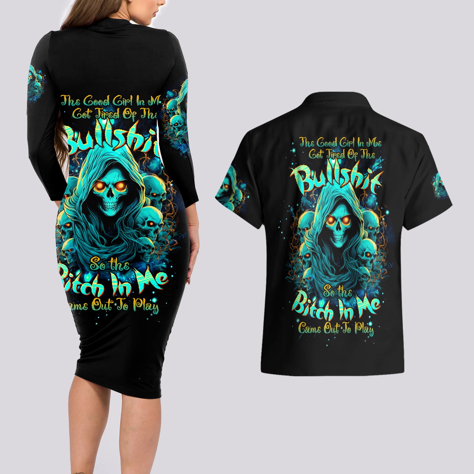 Witch Skull Couples Matching Long Sleeve Bodycon Dress and Hawaiian Shirt The Good Girl In Me Got Tired Of The Bullshit So The Bitch In Me Came Out To Play - Wonder Print Shop