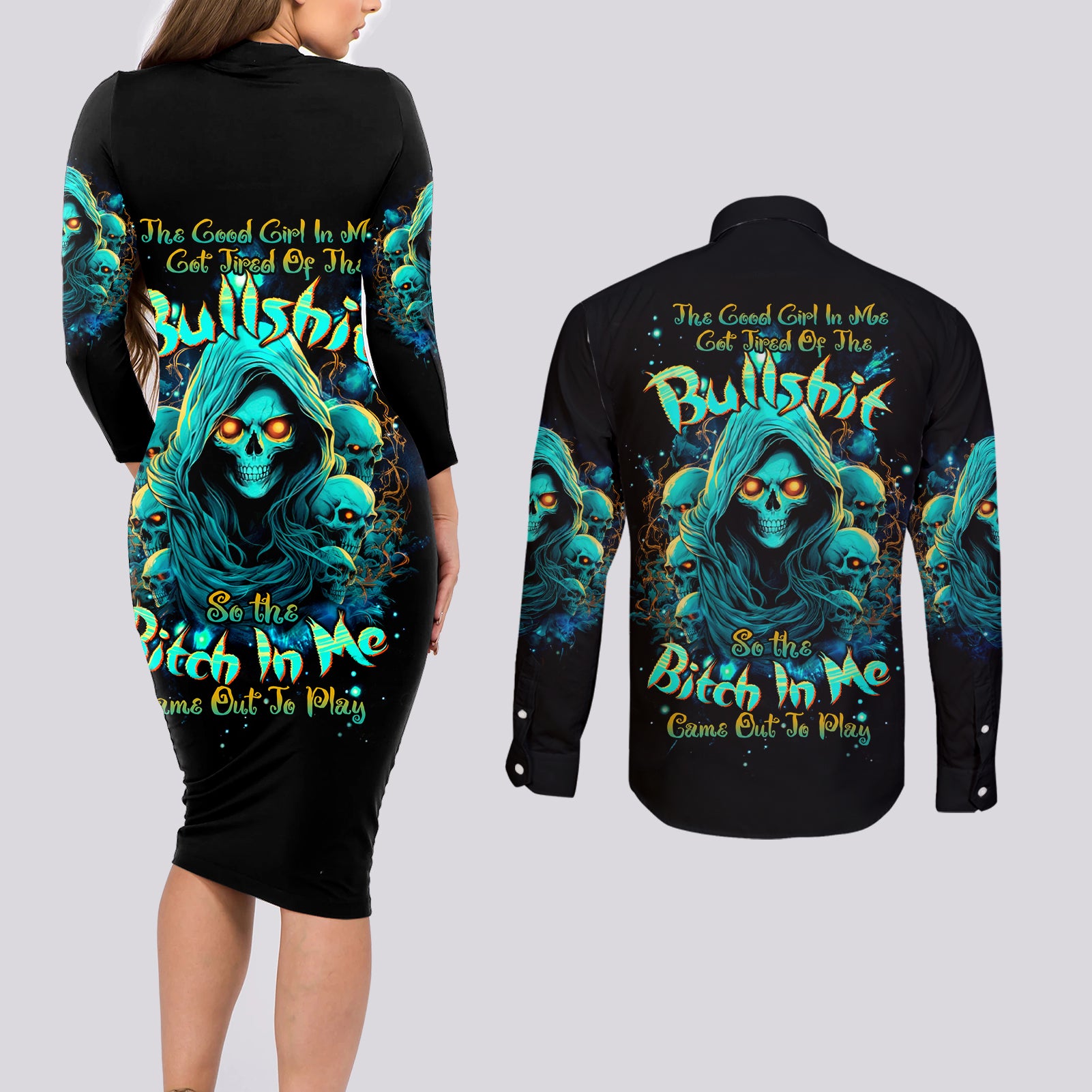 Witch Skull Couples Matching Long Sleeve Bodycon Dress and Long Sleeve Button Shirt The Good Girl In Me Got Tired Of The Bullshit So The Bitch In Me Came Out To Play - Wonder Print Shop