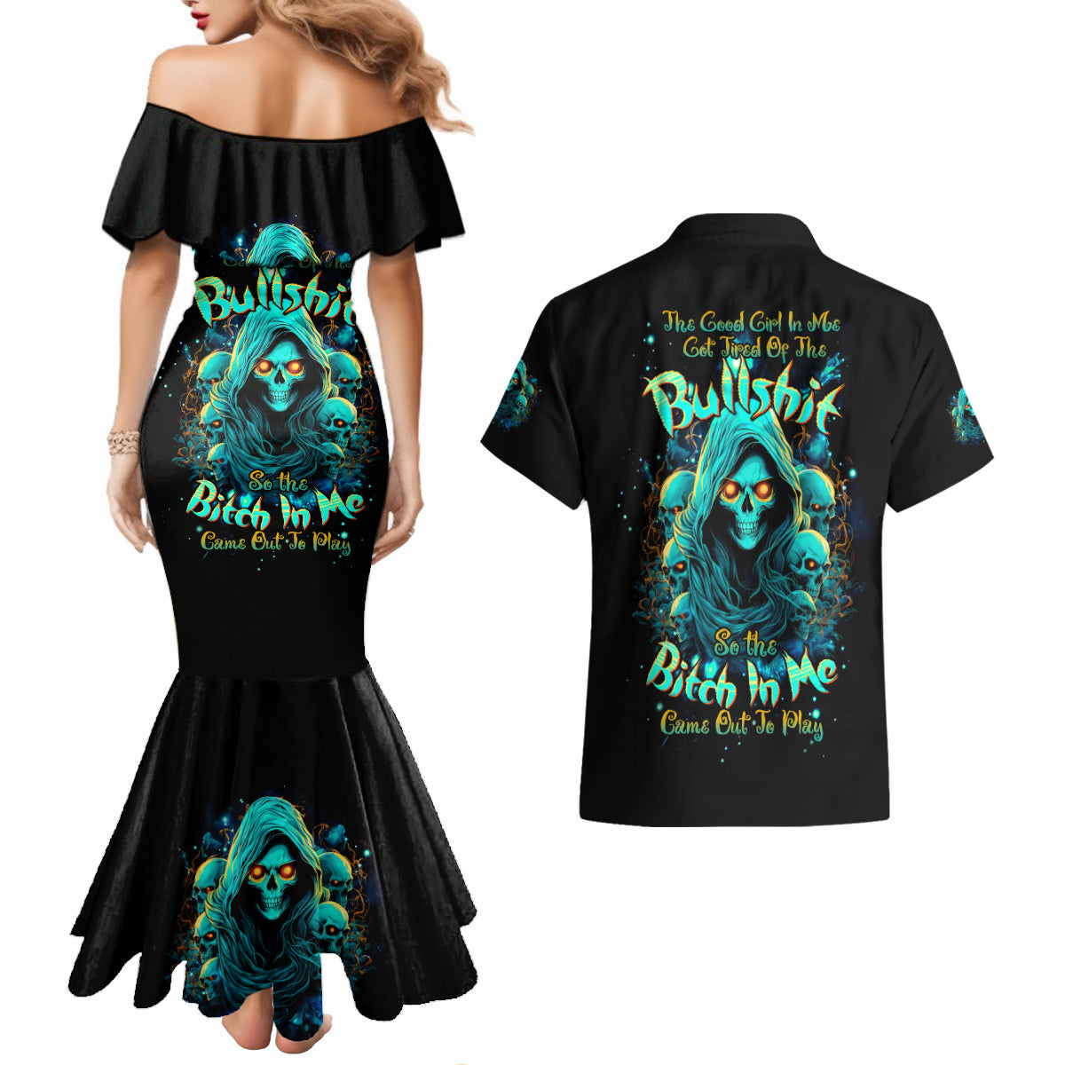 Witch Skull Couples Matching Mermaid Dress and Hawaiian Shirt The Good Girl In Me Got Tired Of The Bullshit So The Bitch In Me Came Out To Play - Wonder Print Shop