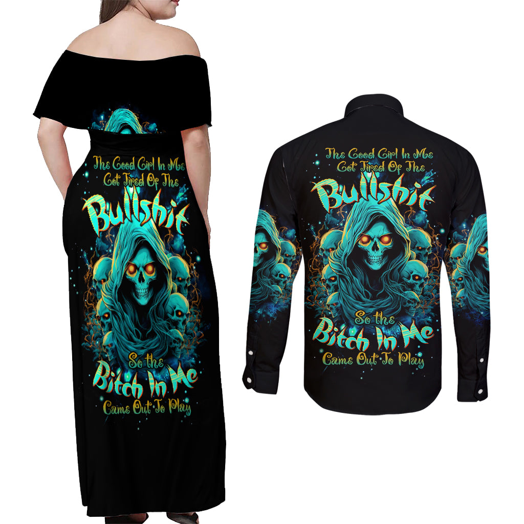 Witch Skull Couples Matching Off Shoulder Maxi Dress and Long Sleeve Button Shirt The Good Girl In Me Got Tired Of The Bullshit So The Bitch In Me Came Out To Play - Wonder Print Shop