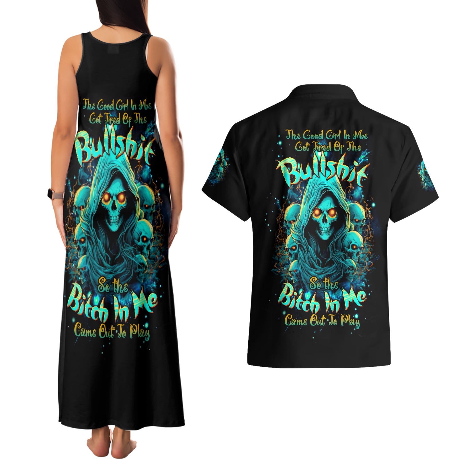 Witch Skull Couples Matching Tank Maxi Dress and Hawaiian Shirt The Good Girl In Me Got Tired Of The Bullshit So The Bitch In Me Came Out To Play - Wonder Print Shop