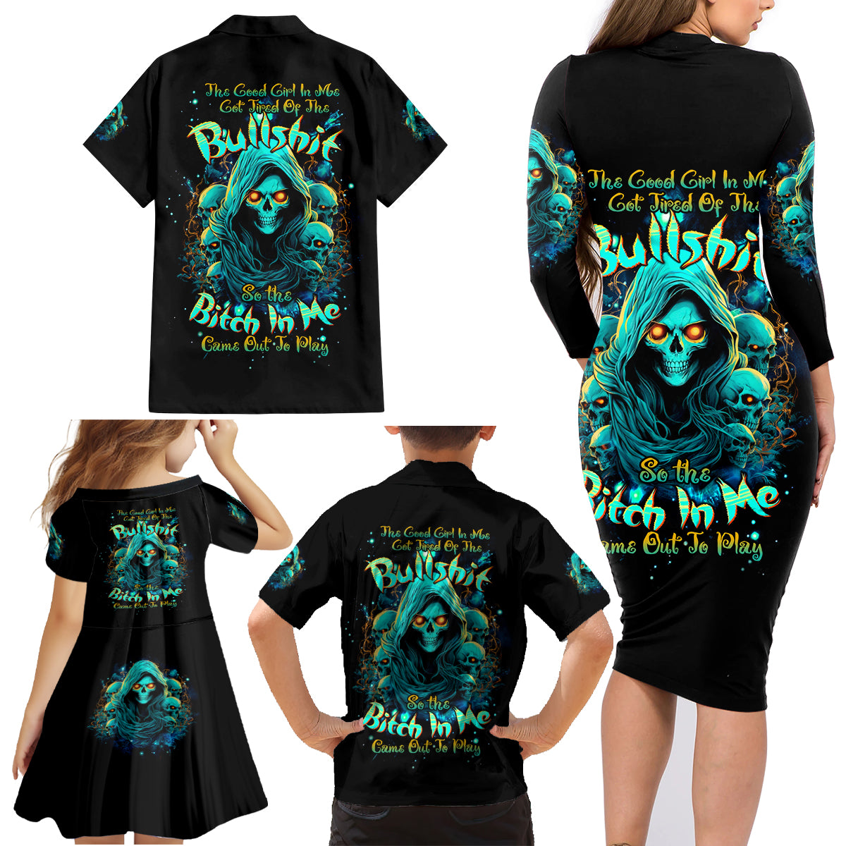 Witch Skull Family Matching Long Sleeve Bodycon Dress and Hawaiian Shirt The Good Girl In Me Got Tired Of The Bullshit So The Bitch In Me Came Out To Play - Wonder Print Shop