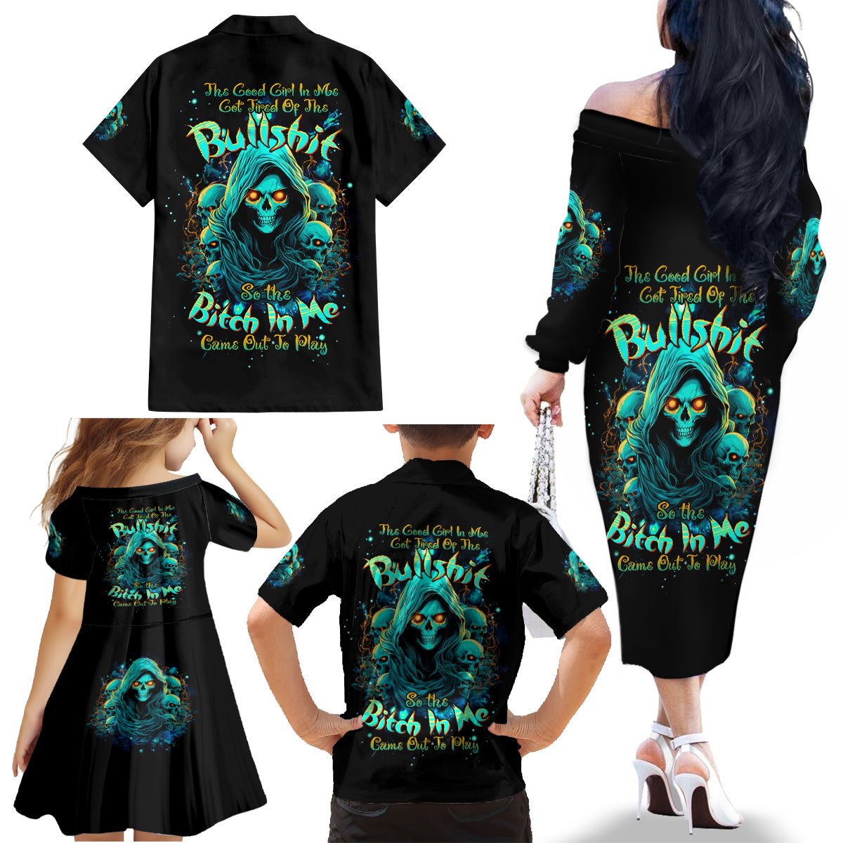 Witch Skull Family Matching Off The Shoulder Long Sleeve Dress and Hawaiian Shirt The Good Girl In Me Got Tired Of The Bullshit So The Bitch In Me Came Out To Play - Wonder Print Shop