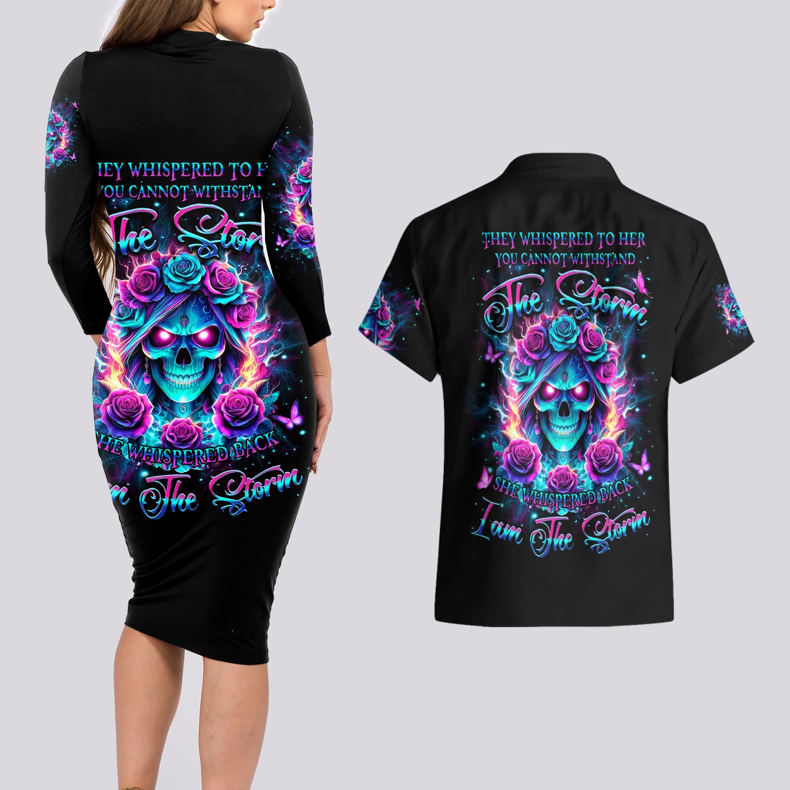 Rose Skull Couples Matching Long Sleeve Bodycon Dress and Hawaiian Shirt She Whispered Back Iam The Storm - Wonder Print Shop