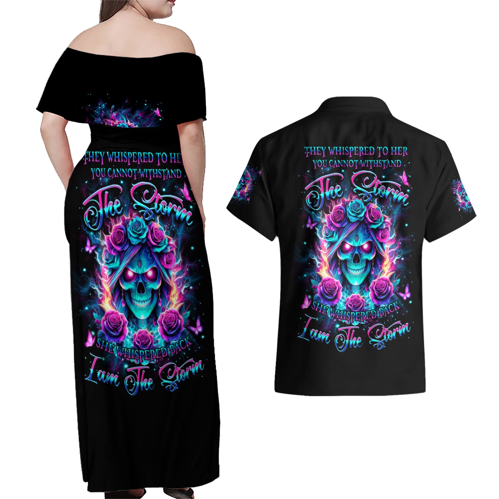 Rose Skull Couples Matching Off Shoulder Maxi Dress and Hawaiian Shirt She Whispered Back Iam The Storm - Wonder Print Shop