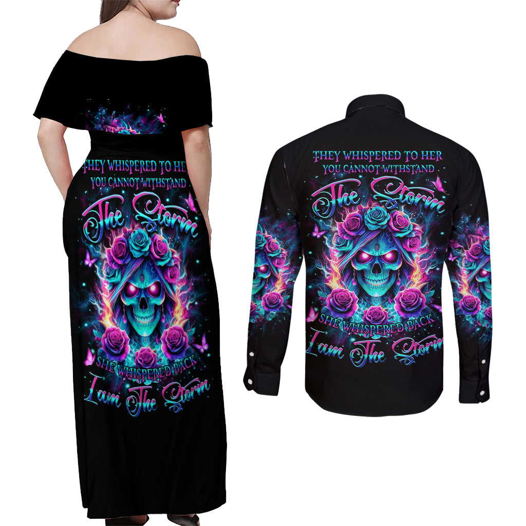 Rose Skull Couples Matching Off Shoulder Maxi Dress and Long Sleeve Button Shirt She Whispered Back Iam The Storm - Wonder Print Shop