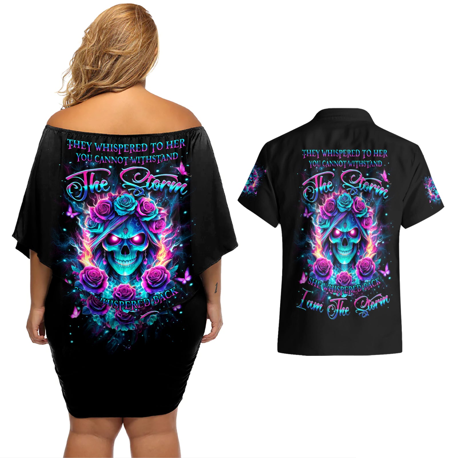 Rose Skull Couples Matching Off Shoulder Short Dress and Hawaiian Shirt She Whispered Back Iam The Storm - Wonder Print Shop