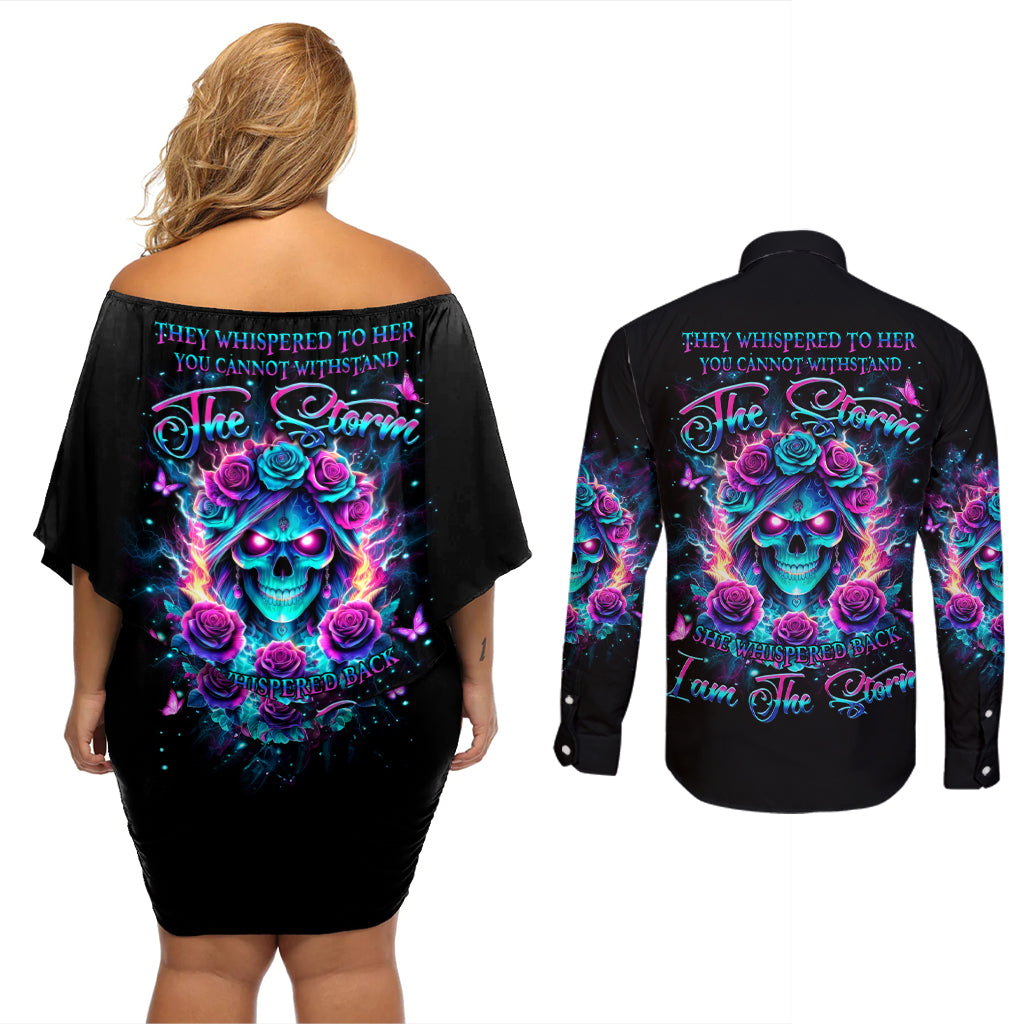 Rose Skull Couples Matching Off Shoulder Short Dress and Long Sleeve Button Shirt She Whispered Back Iam The Storm - Wonder Print Shop