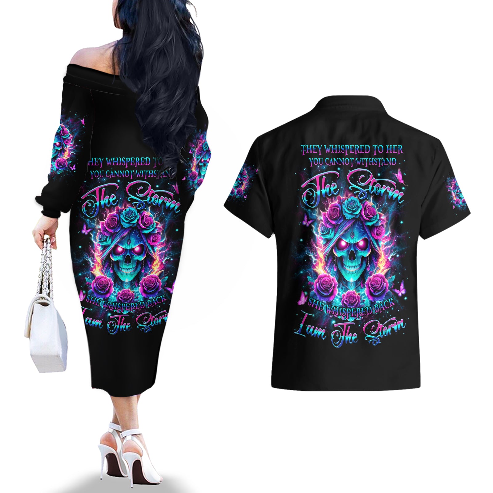 Rose Skull Couples Matching Off The Shoulder Long Sleeve Dress and Hawaiian Shirt She Whispered Back Iam The Storm - Wonder Print Shop