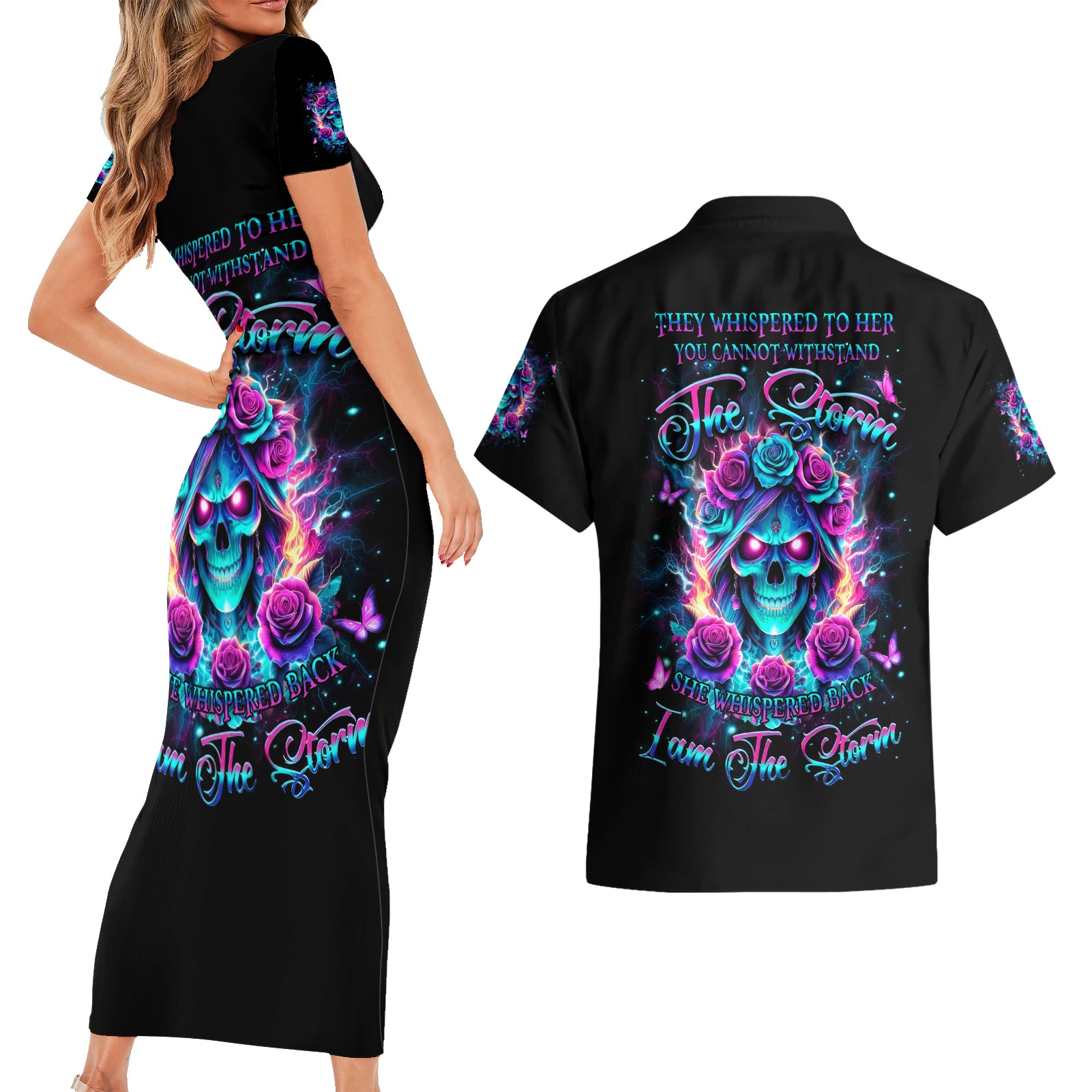 Rose Skull Couples Matching Short Sleeve Bodycon Dress and Hawaiian Shirt She Whispered Back Iam The Storm - Wonder Print Shop