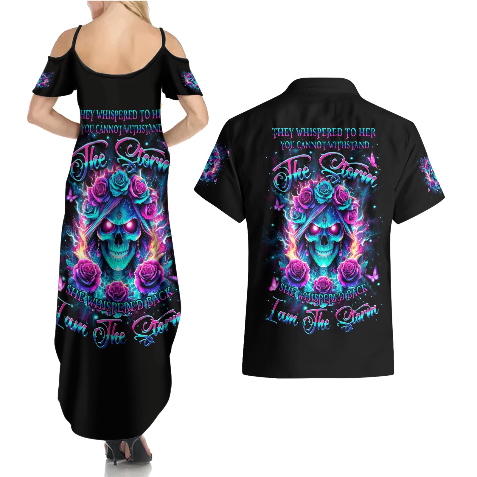 Rose Skull Couples Matching Summer Maxi Dress and Hawaiian Shirt She Whispered Back Iam The Storm - Wonder Print Shop