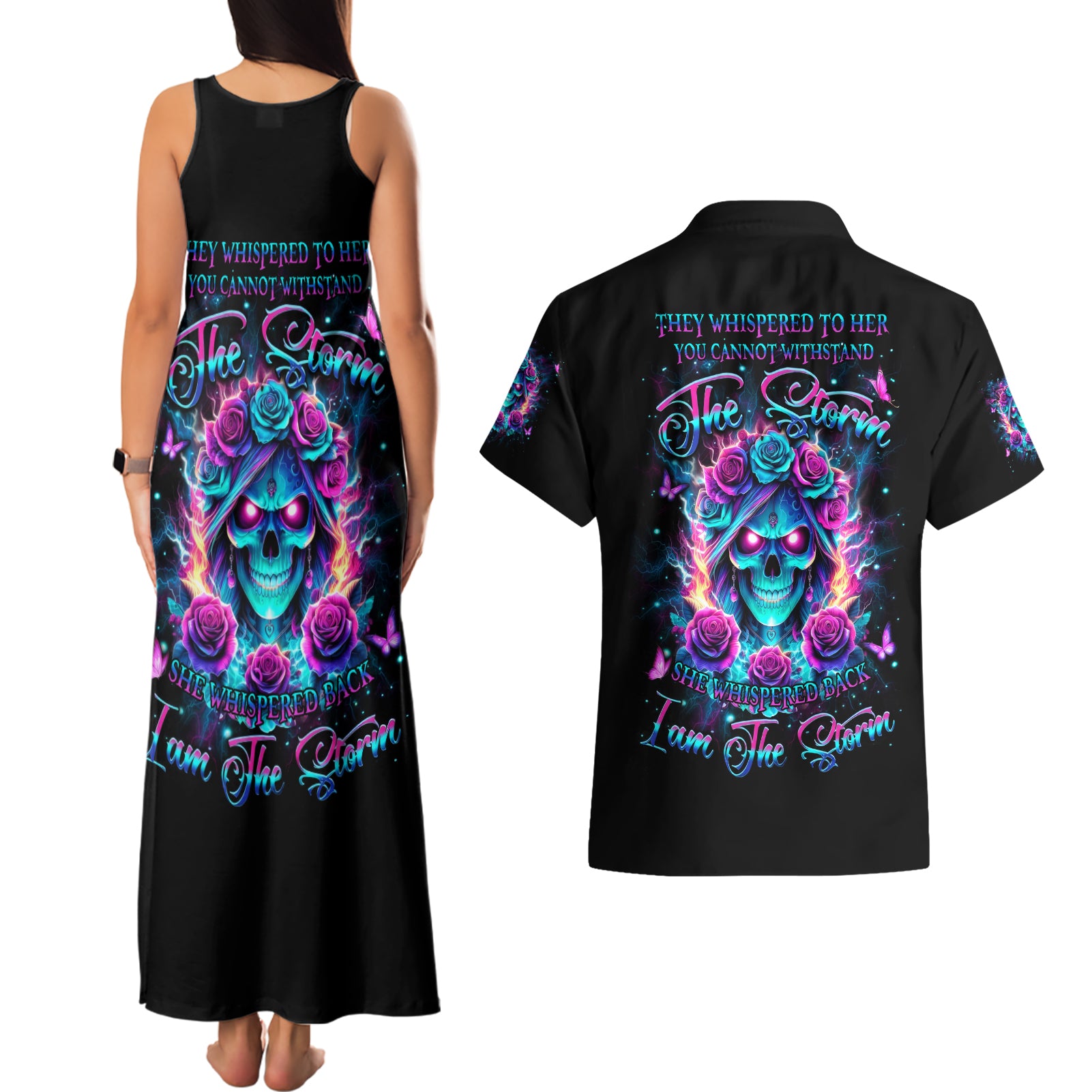 Rose Skull Couples Matching Tank Maxi Dress and Hawaiian Shirt She Whispered Back Iam The Storm - Wonder Print Shop