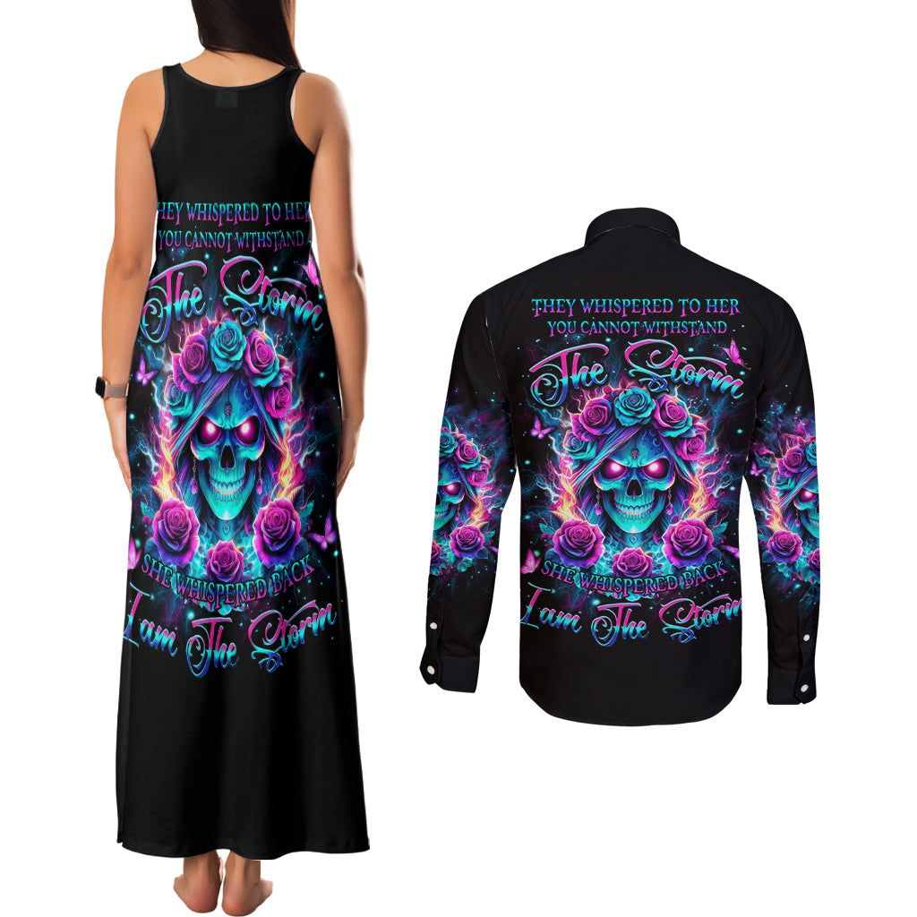 Rose Skull Couples Matching Tank Maxi Dress and Long Sleeve Button Shirt She Whispered Back Iam The Storm - Wonder Print Shop