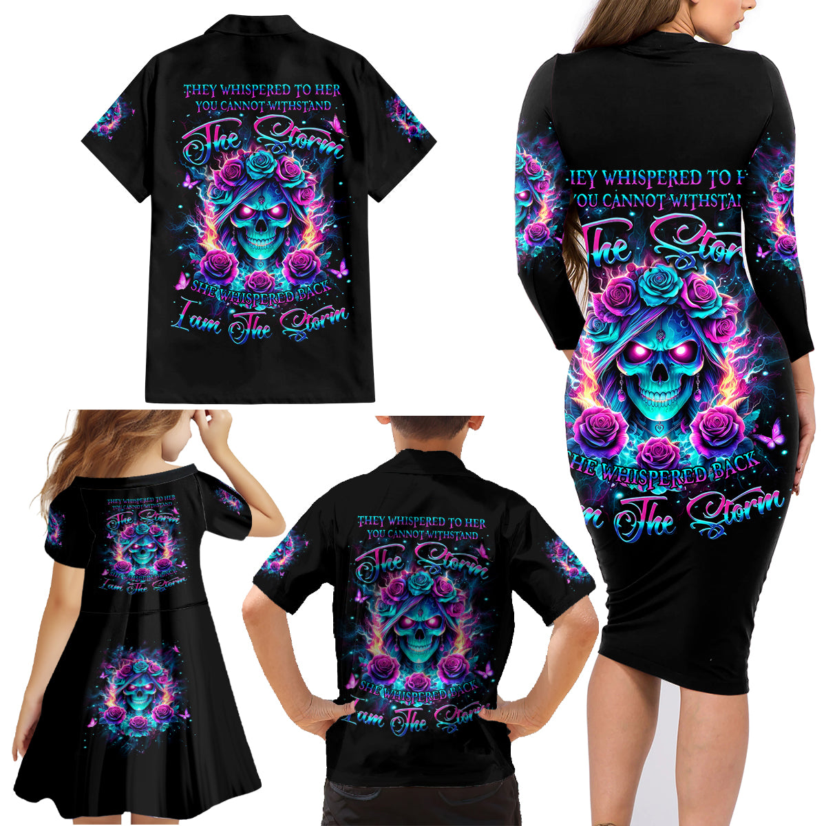 Rose Skull Family Matching Long Sleeve Bodycon Dress and Hawaiian Shirt She Whispered Back Iam The Storm - Wonder Print Shop