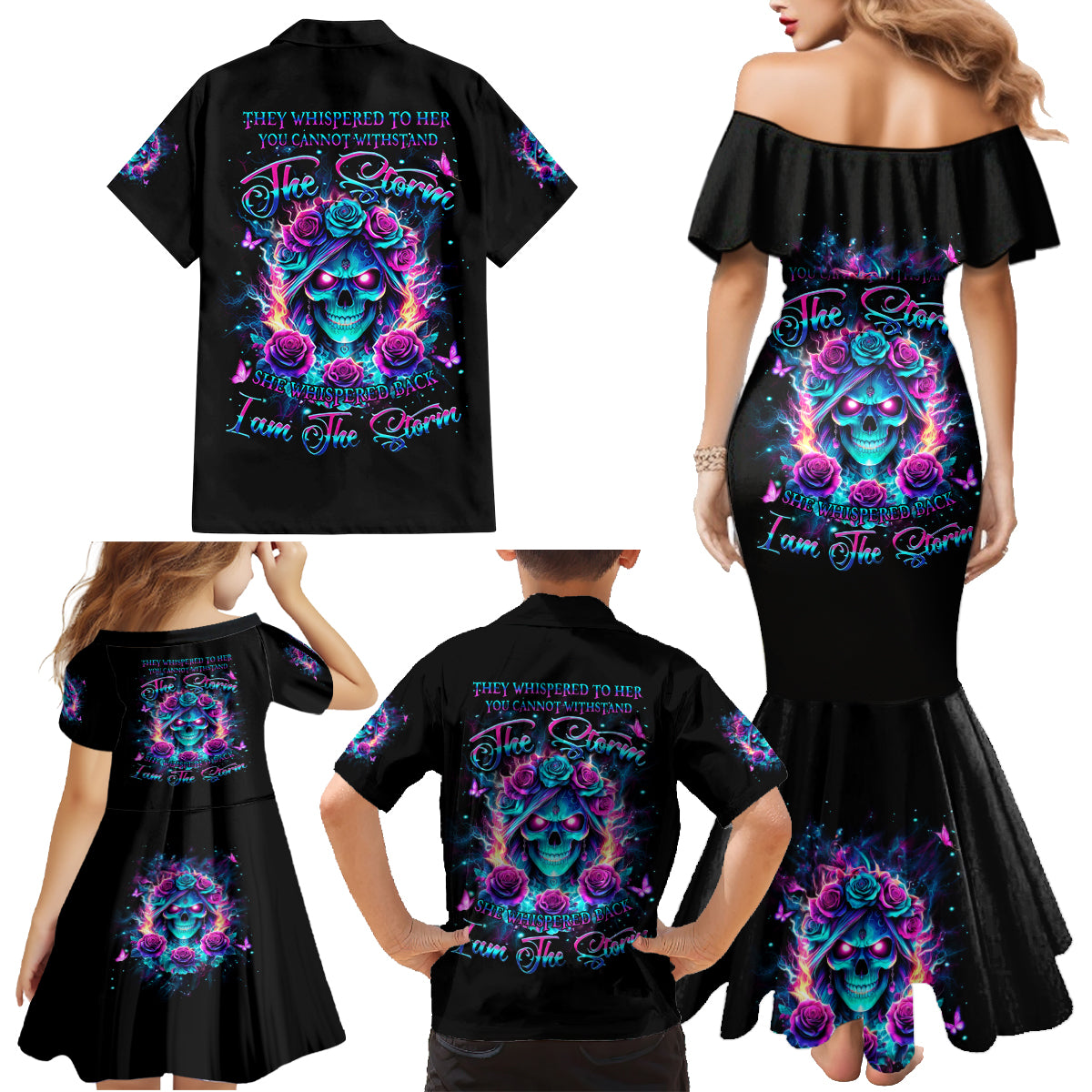 Rose Skull Family Matching Mermaid Dress and Hawaiian Shirt She Whispered Back Iam The Storm - Wonder Print Shop