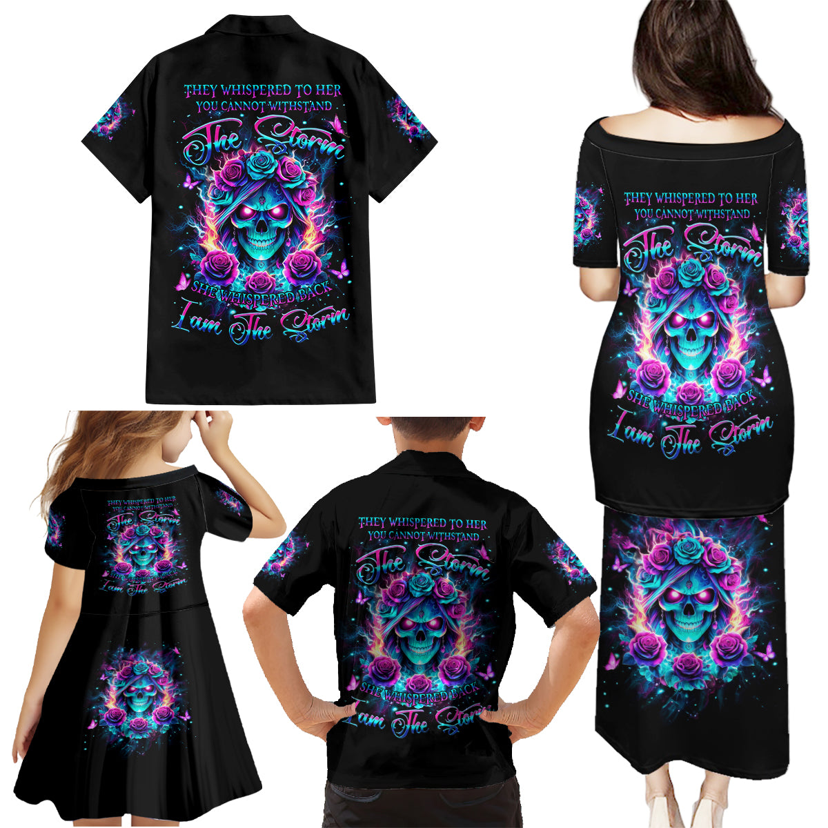 Rose Skull Family Matching Puletasi and Hawaiian Shirt She Whispered Back Iam The Storm - Wonder Print Shop