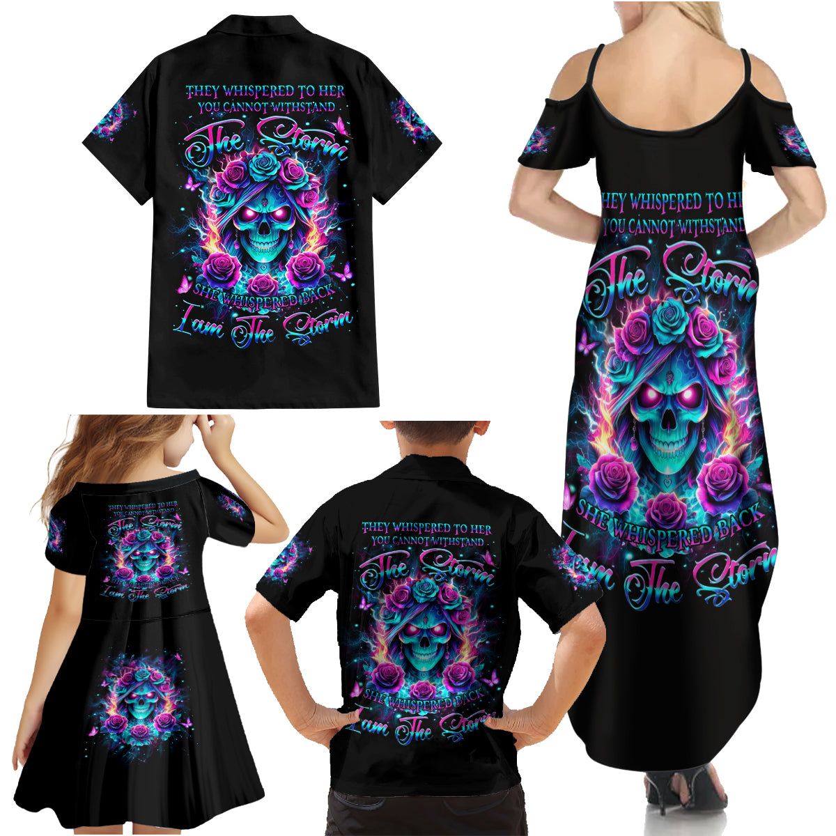 Rose Skull Family Matching Summer Maxi Dress and Hawaiian Shirt She Whispered Back Iam The Storm - Wonder Print Shop