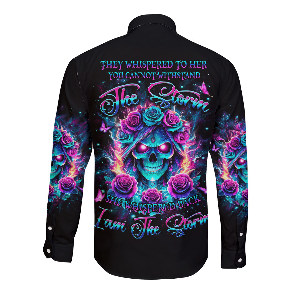 Rose Skull Long Sleeve Button Shirt She Whispered Back Iam The Storm - Wonder Print Shop