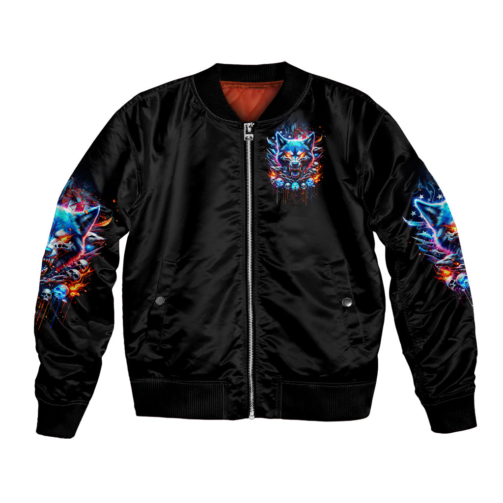 Black unisex bomber jacket, front zip with wolf skull chest graphic and blue sleeve art