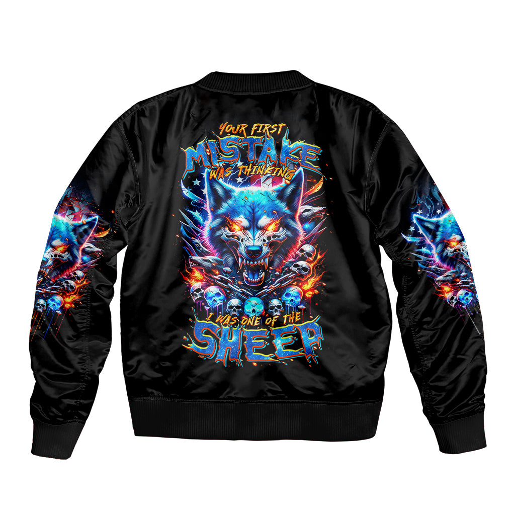 Wolf Skull Bomber Jacket Your First Mistake Was Thinking I was One Of The Sheep - Wonder Print Shop