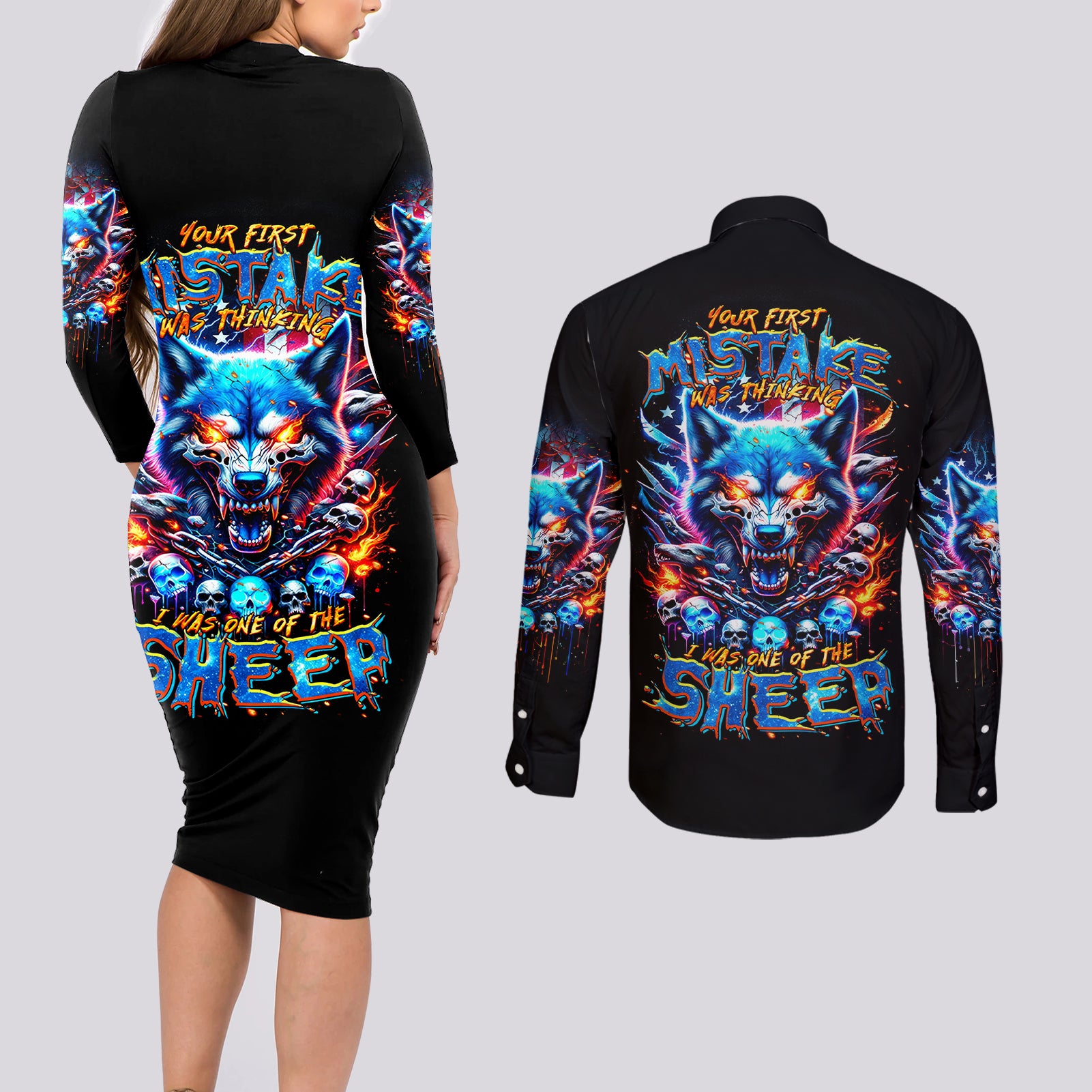 Wolf Skull Couples Matching Long Sleeve Bodycon Dress and Long Sleeve Button Shirt Your First Mistake Was Thinking I was One Of The Sheep - Wonder Print Shop