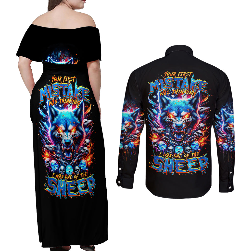 Wolf Skull Couples Matching Off Shoulder Maxi Dress and Long Sleeve Button Shirt Your First Mistake Was Thinking I was One Of The Sheep - Wonder Print Shop