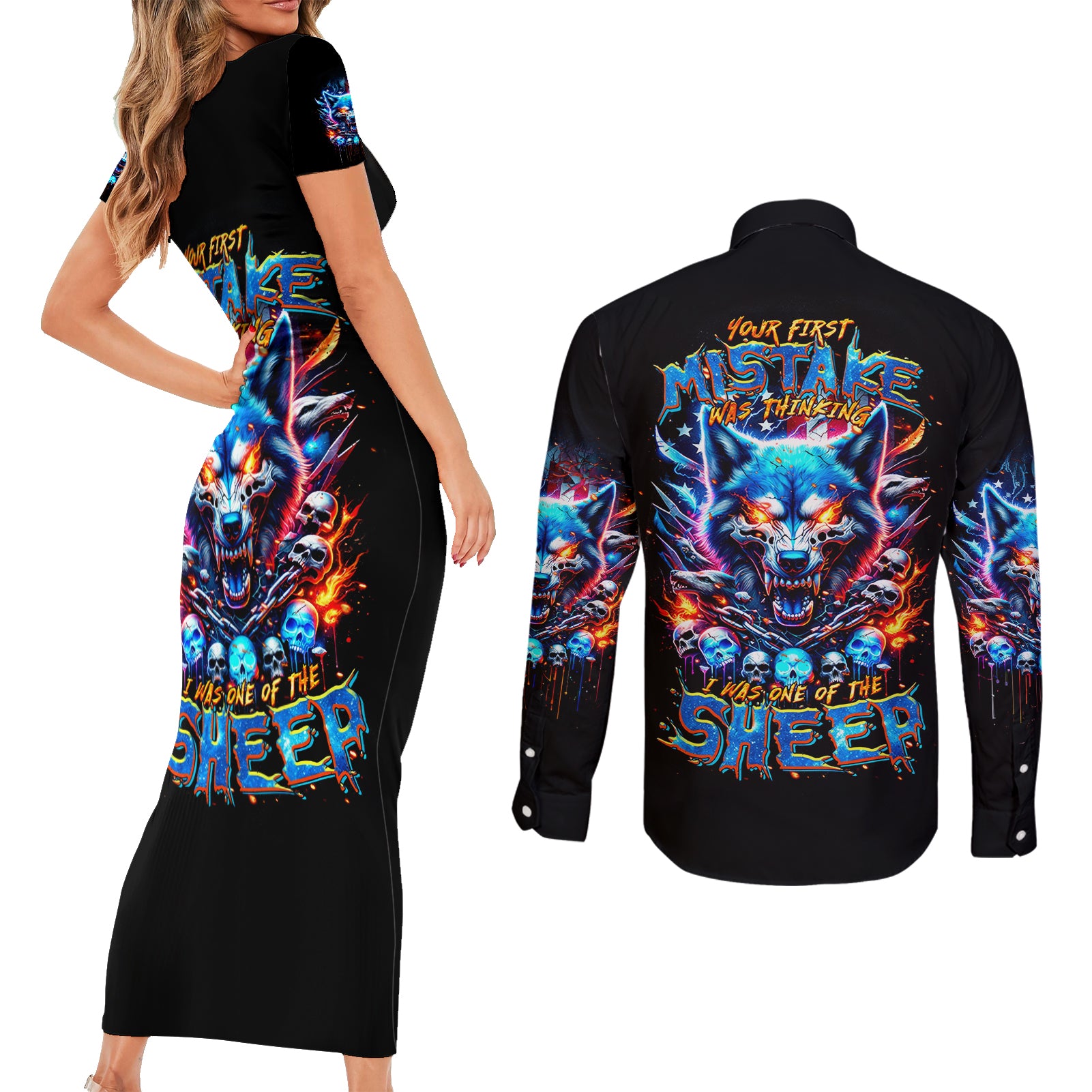 Wolf Skull Couples Matching Short Sleeve Bodycon Dress and Long Sleeve Button Shirt Your First Mistake Was Thinking I was One Of The Sheep - Wonder Print Shop