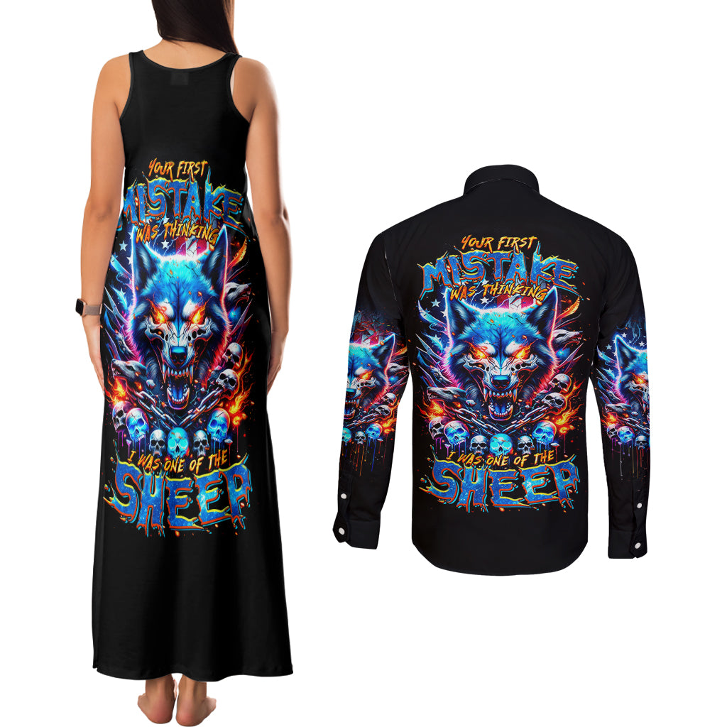 Wolf Skull Couples Matching Tank Maxi Dress and Long Sleeve Button Shirt Your First Mistake Was Thinking I was One Of The Sheep - Wonder Print Shop