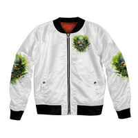 White bomber jacket with front zipper, black rib hem cuffs, and green skull patch