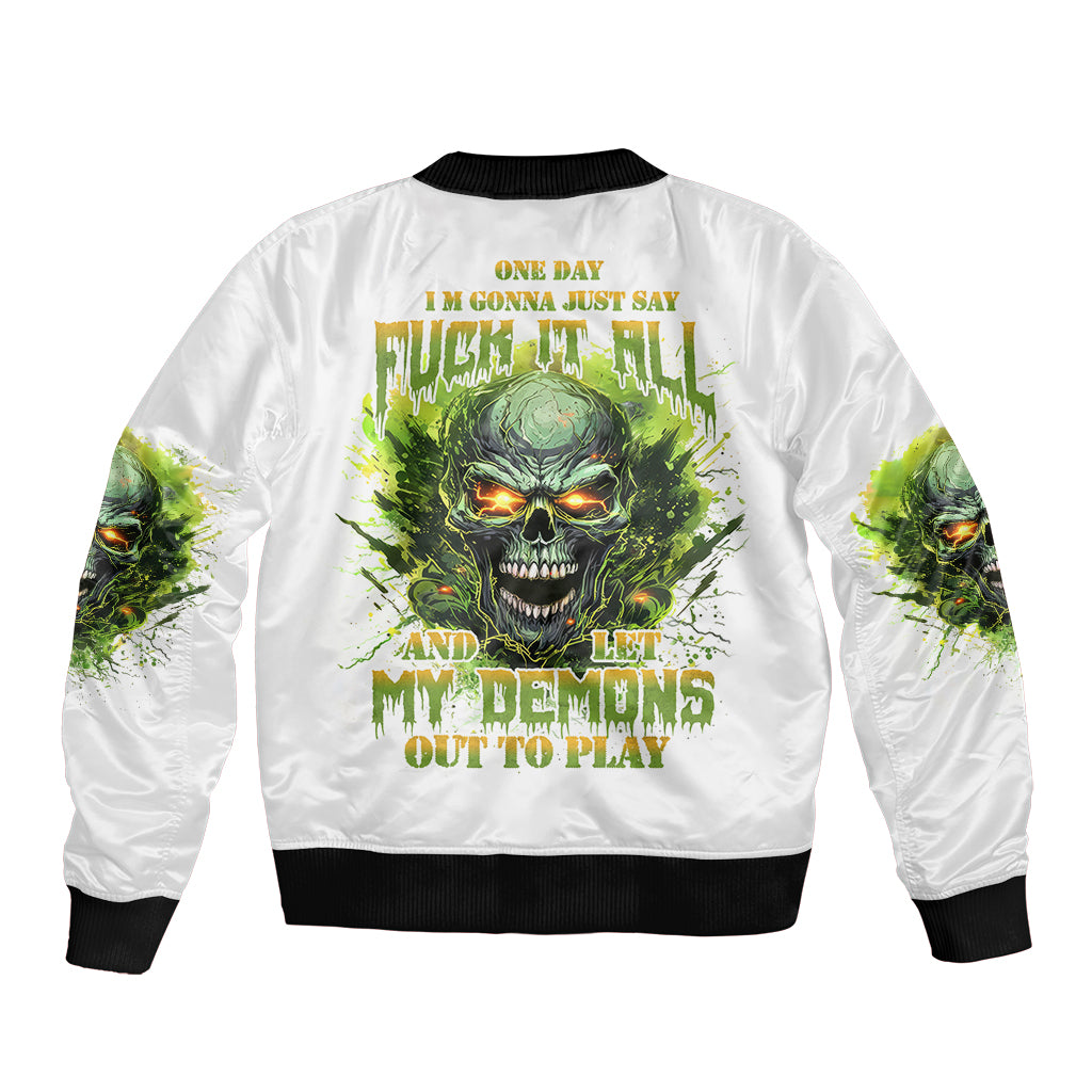 White bomber jacket with black rib trim and back skull flame graphic