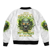 White bomber jacket with black rib trim and back skull flame graphic
