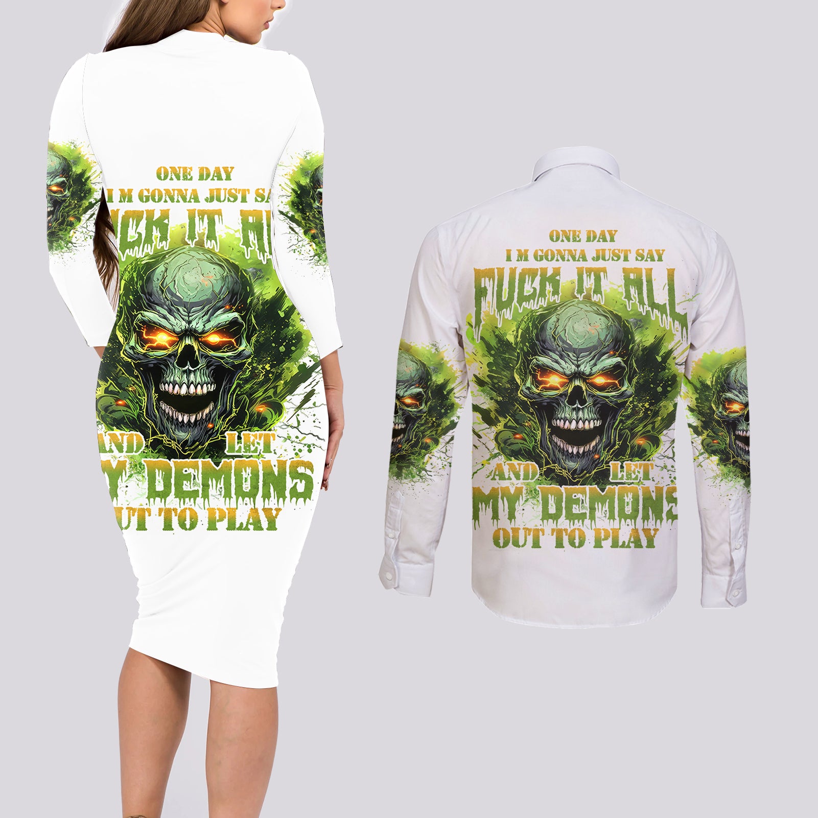 Flame Skull Couples Matching Long Sleeve Bodycon Dress and Long Sleeve Button Shirt One Day Im Gonna Just Say Fuck It All - Wonder Print Shop