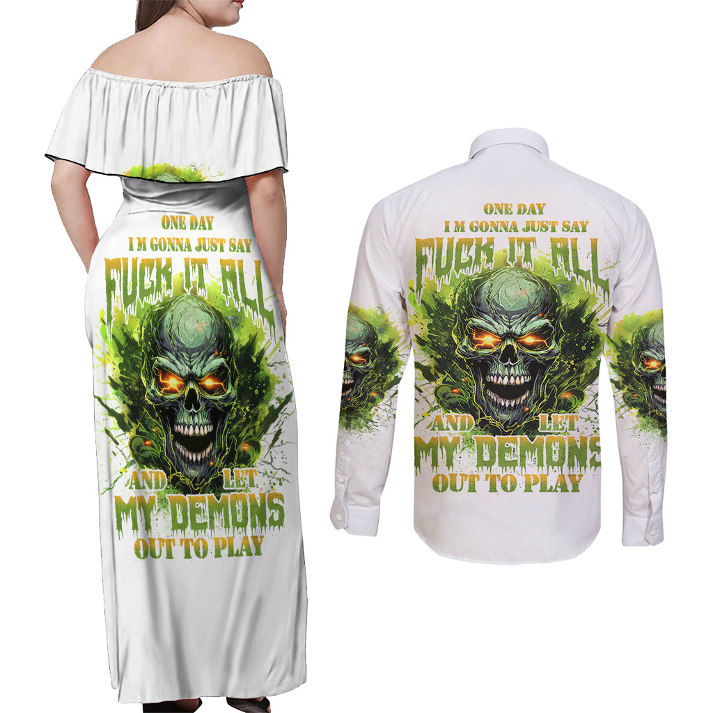 Flame Skull Couples Matching Off Shoulder Maxi Dress and Long Sleeve Button Shirt One Day Im Gonna Just Say Fuck It All - Wonder Print Shop