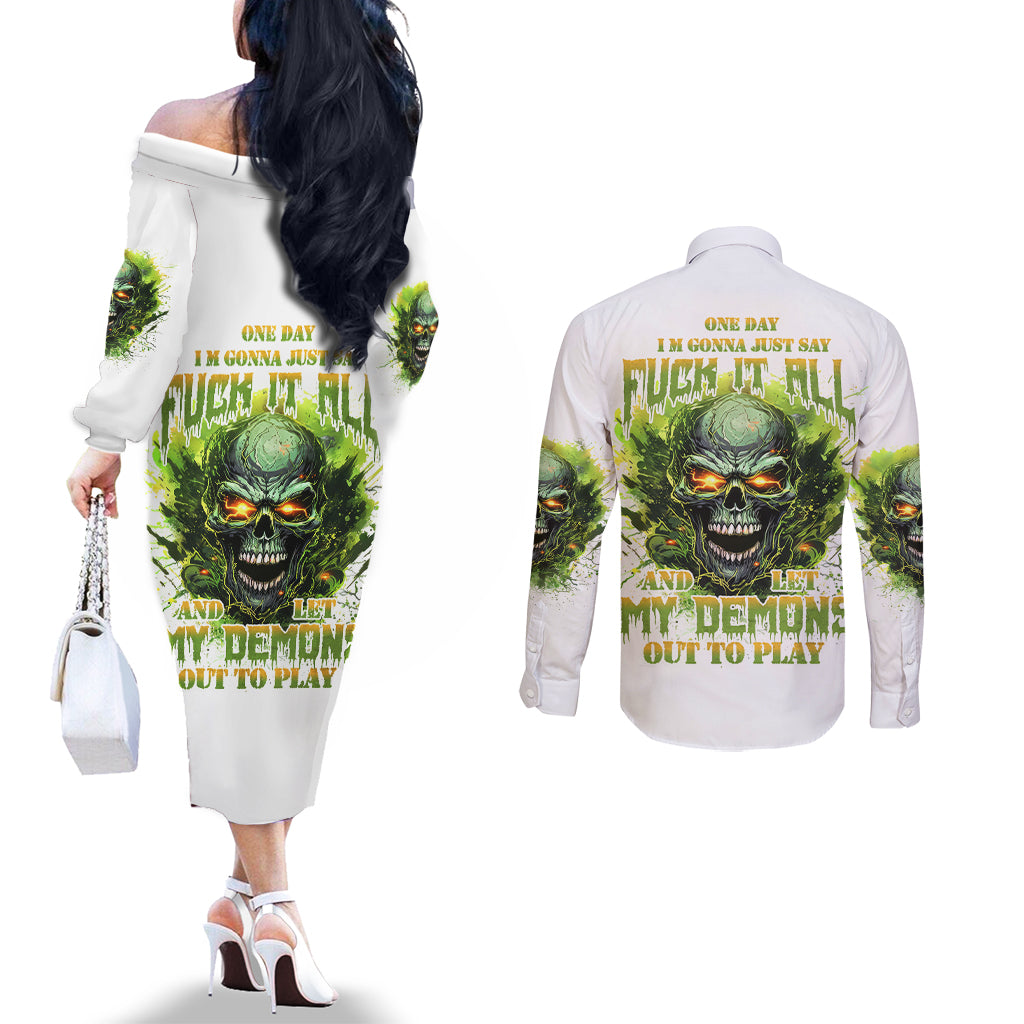 Flame Skull Couples Matching Off The Shoulder Long Sleeve Dress and Long Sleeve Button Shirt One Day Im Gonna Just Say Fuck It All