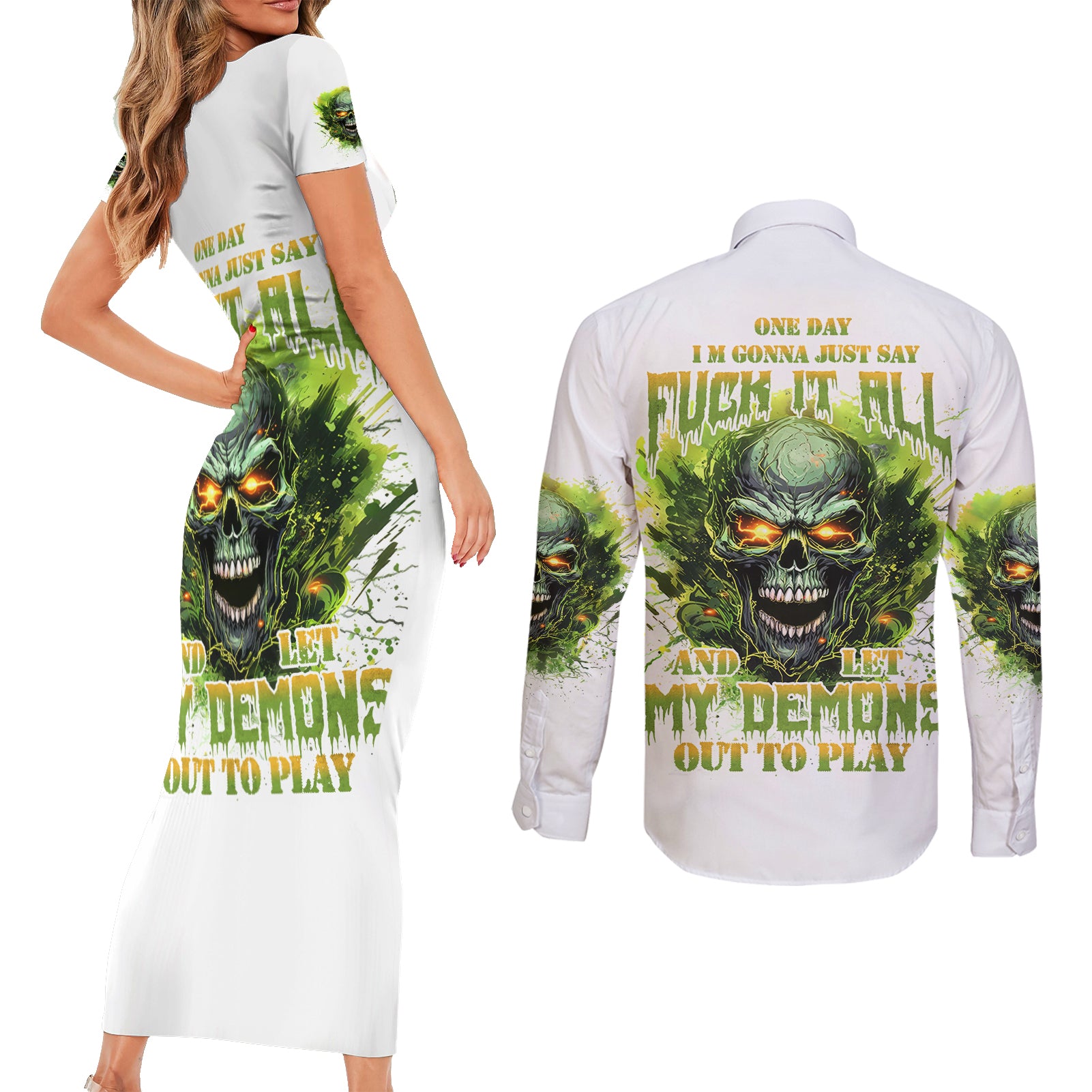 Flame Skull Couples Matching Short Sleeve Bodycon Dress and Long Sleeve Button Shirt One Day Im Gonna Just Say Fuck It All - Wonder Print Shop