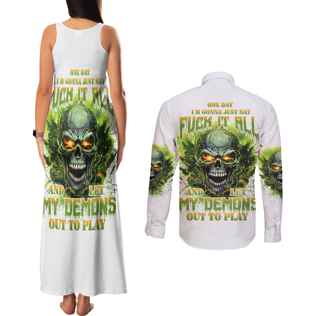 Flame Skull Couples Matching Tank Maxi Dress and Long Sleeve Button Shirt One Day Im Gonna Just Say Fuck It All - Wonder Print Shop