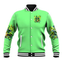 Green varsity baseball jacket with button placket, black knit collar, chest skull graphic