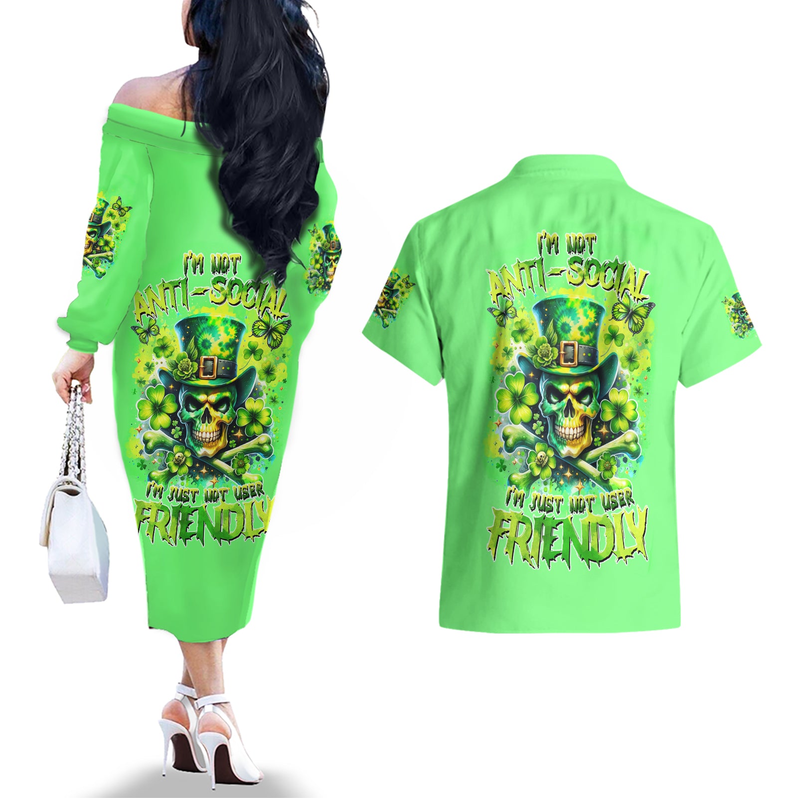 Irish Skull Couples Matching Off The Shoulder Long Sleeve Dress and Hawaiian Shirt I'm Not Anti Social I'm Just Not User Friendly - Wonder Print Shop