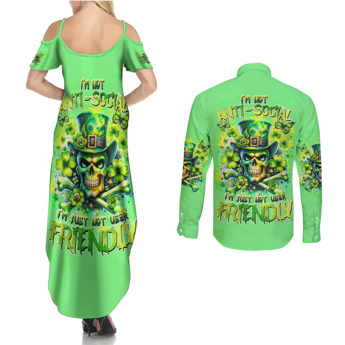 Irish Skull Couples Matching Summer Maxi Dress and Long Sleeve Button Shirt I'm Not Anti Social I'm Just Not User Friendly - Wonder Print Shop