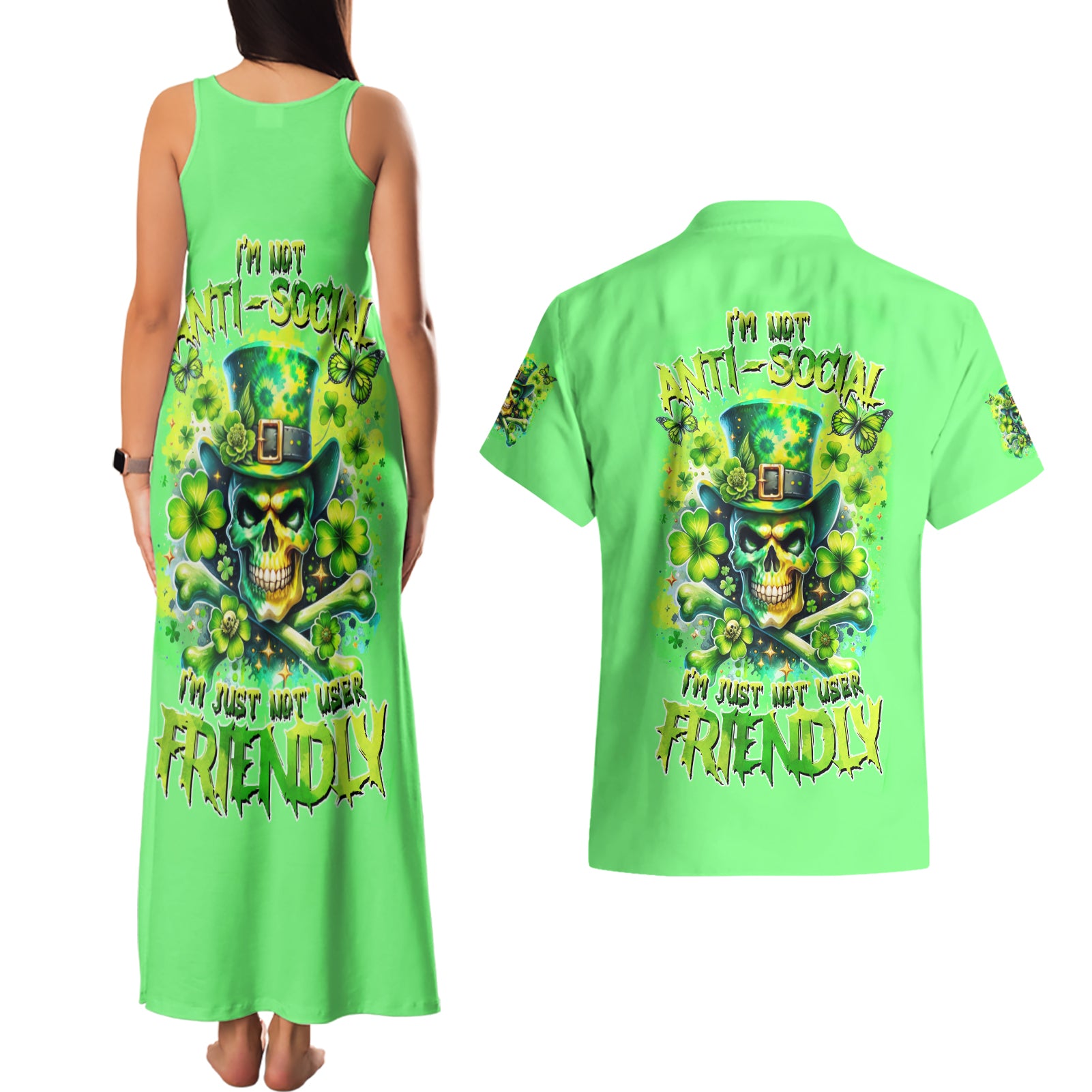 Irish Skull Couples Matching Tank Maxi Dress and Hawaiian Shirt I'm Not Anti Social I'm Just Not User Friendly - Wonder Print Shop