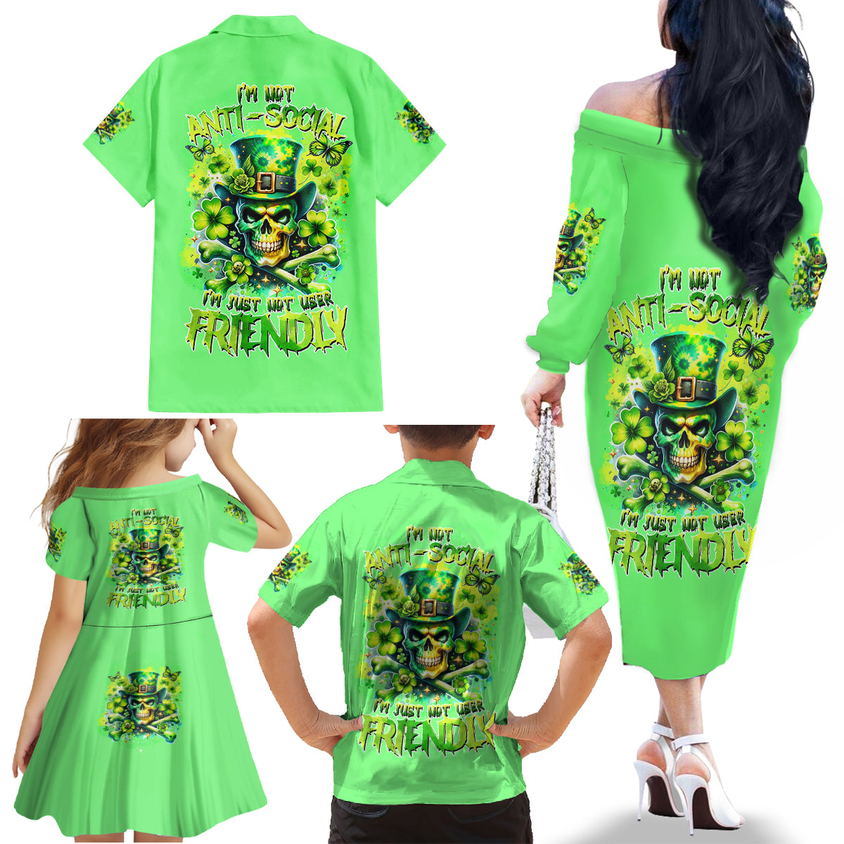 Irish Skull Family Matching Off The Shoulder Long Sleeve Dress and Hawaiian Shirt I'm Not Anti Social I'm Just Not User Friendly - Wonder Print Shop