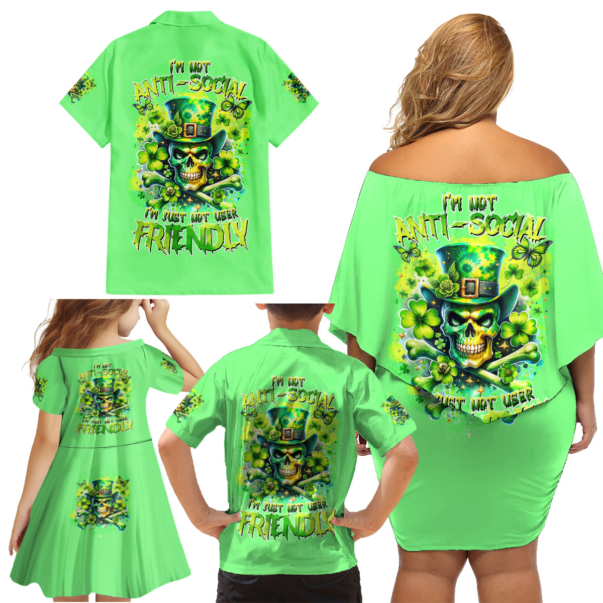 Irish Skull Family Matching Off Shoulder Short Dress and Hawaiian Shirt I'm Not Anti Social I'm Just Not User Friendly - Wonder Print Shop