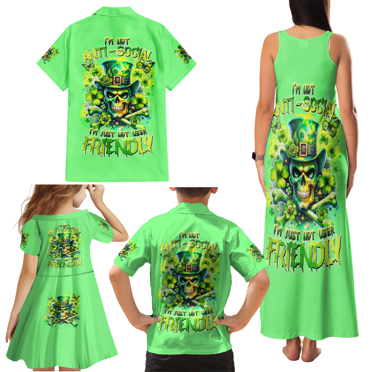 Irish Skull Family Matching Tank Maxi Dress and Hawaiian Shirt I'm Not Anti Social I'm Just Not User Friendly - Wonder Print Shop