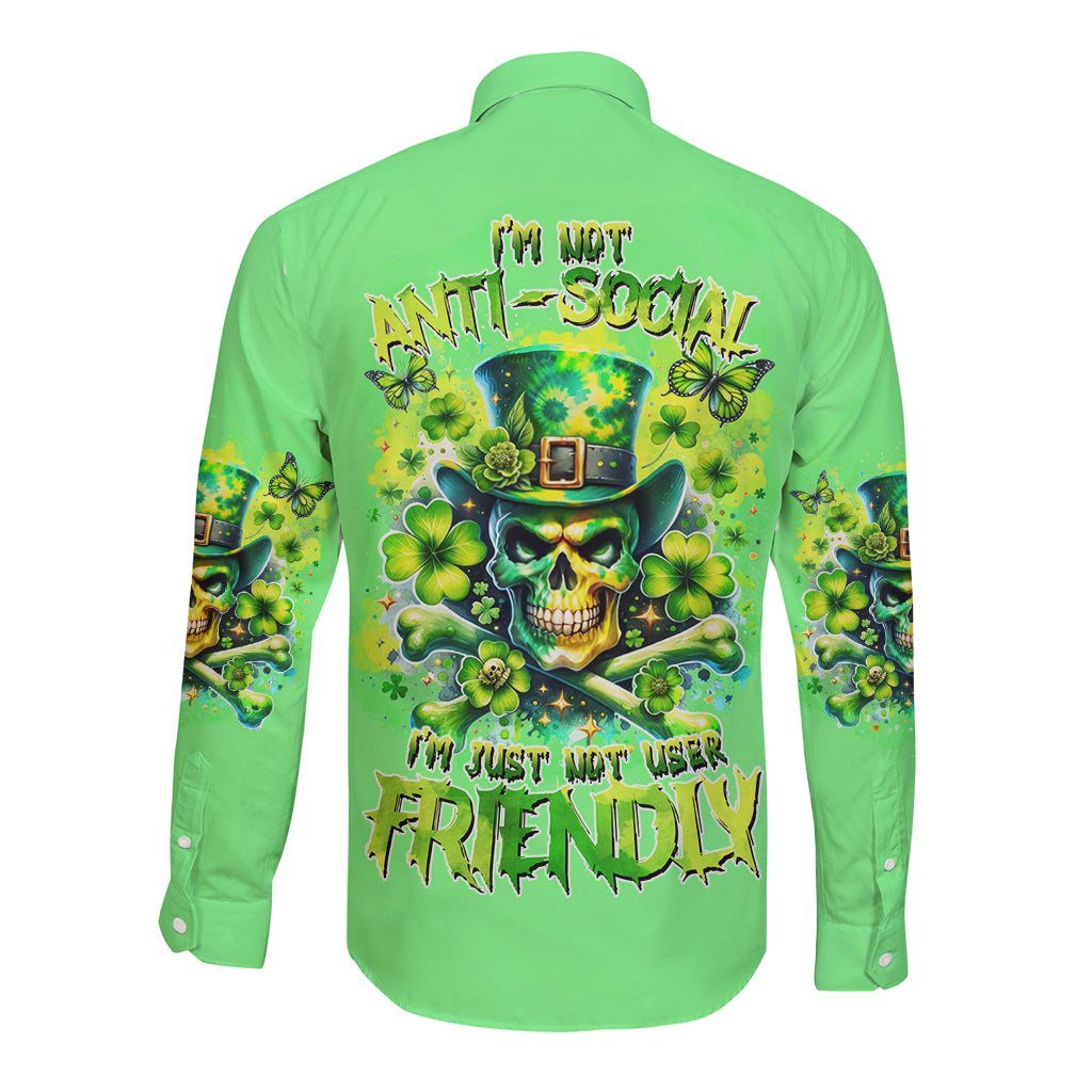 Irish Skull Long Sleeve Button Shirt I'm Not Anti Social I'm Just Not User Friendly - Wonder Print Shop