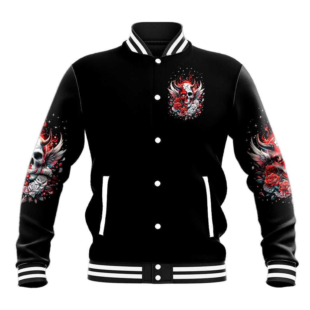 Black varsity baseball jacket with red skull chest graphic, button front and striped ribbing