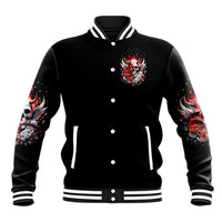 Black varsity baseball jacket with red skull chest graphic, button front and striped ribbing
