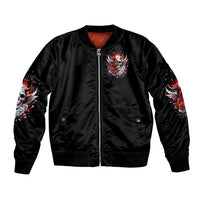 Black bomber jacket with front zip, red-lined collar, and skull wing graphic on chest