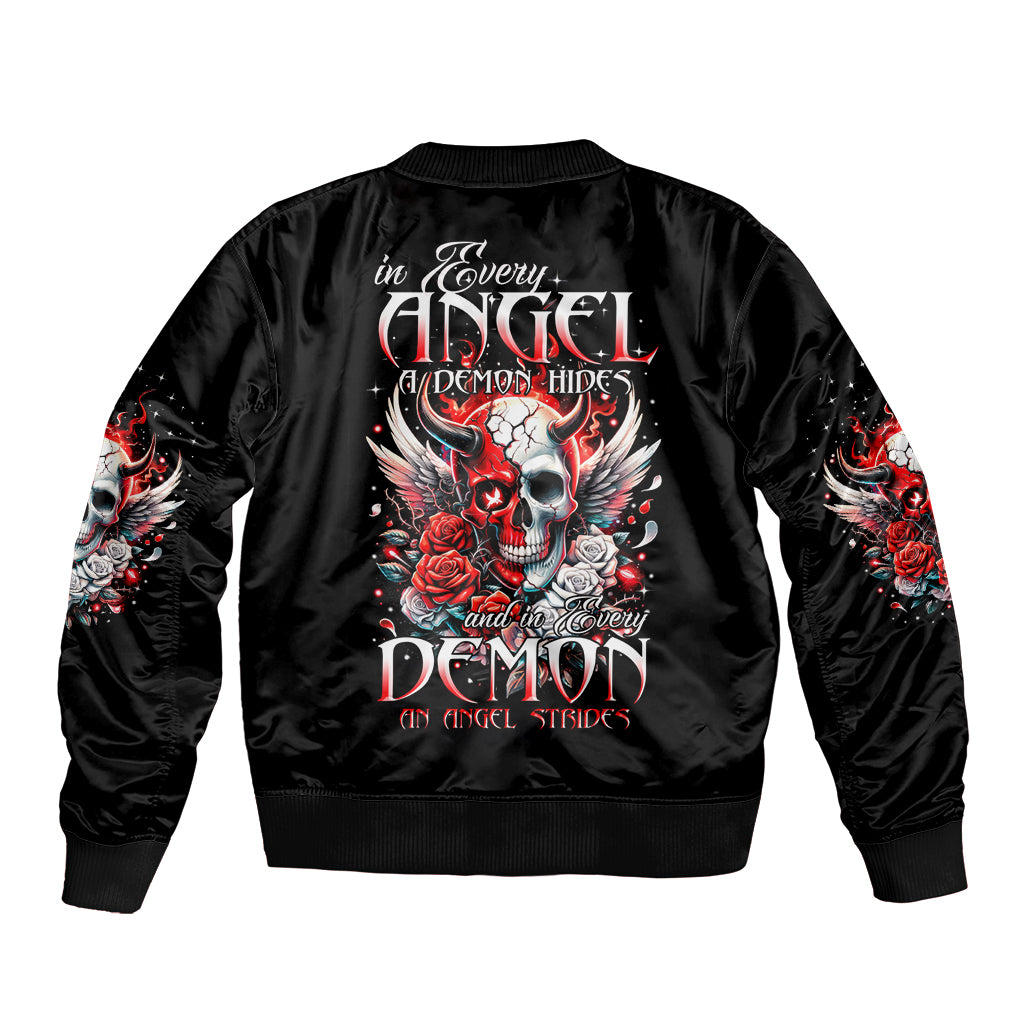 Black bomber jacket with angel-and-demon skull graphic on back, ribbed collar and cuffs