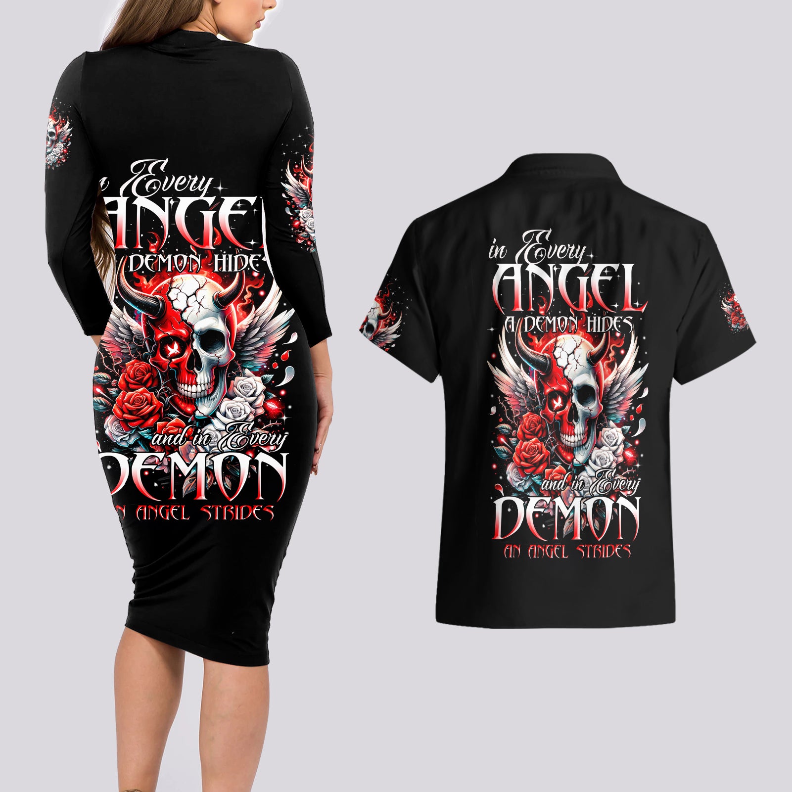 Devil Skull Couples Matching Long Sleeve Bodycon Dress and Hawaiian Shirt In Every Angel A Demon Hides And In Every Demon An Angel Strides - Wonder Print Shop